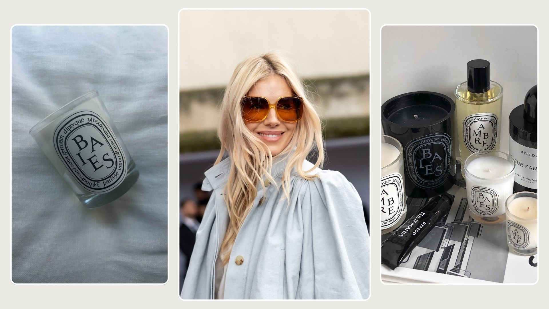 A collage of Sienna Miller and the Diptyque Baies candle