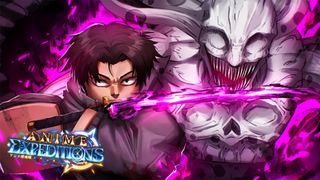 Key art for Anime Expeditions codes showing a character wielding a sword made of purple energy with a demon behind them