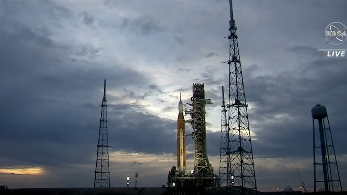 Artemis 1 moon rocket at sunset on Nov. 16 during third launch try