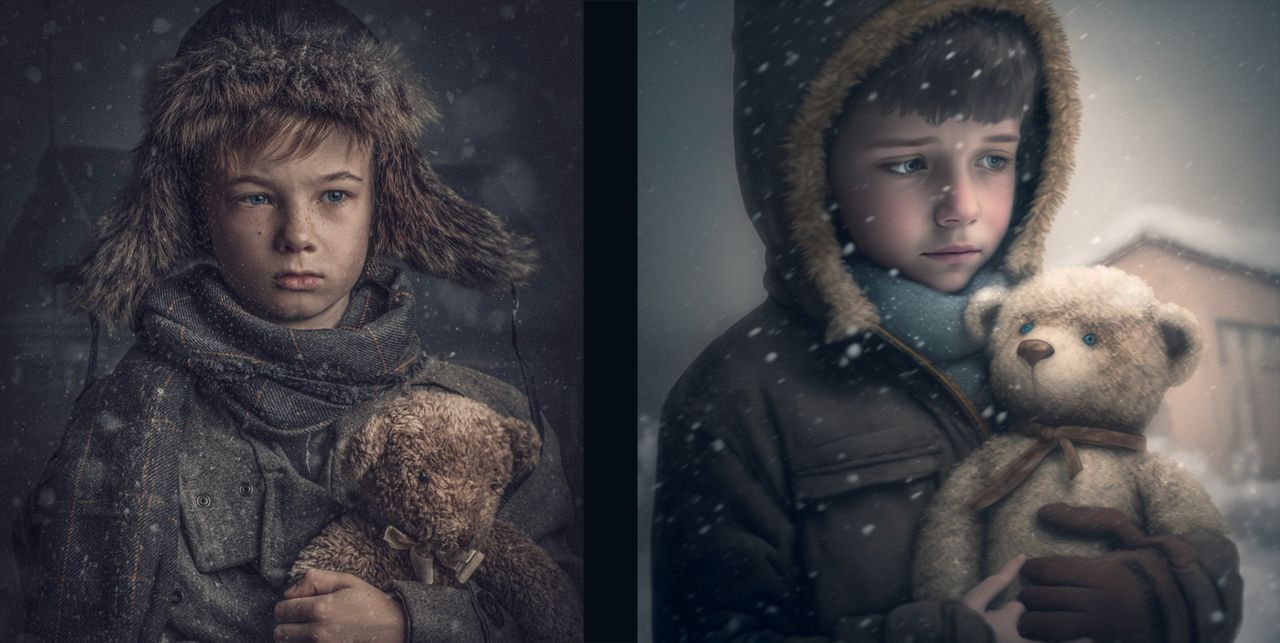 Photographers by Antti Karppinen alongside his AI recreations using MidJourney