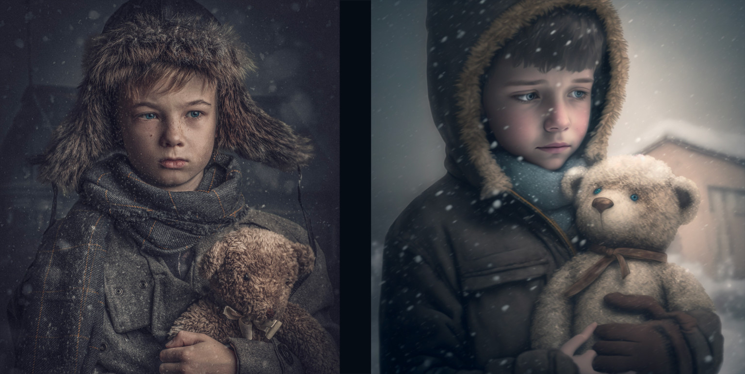 Photographers by Antti Karppinen alongside his AI recreations using MidJourney