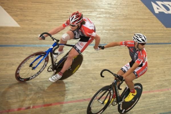 Iggy Silva and Cody O'Reilly on the way to winning the men's Madison title