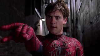 Tobey Maguire shooting webs in Spider-Man