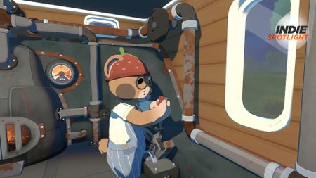 Locomoto screenshot of a bear conductor wearing a strawberry hat as they pull the train lever