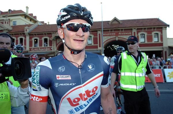 Race winner Andr&eacute; Greipel (Lotto-Belisol) makes his way to the podium.