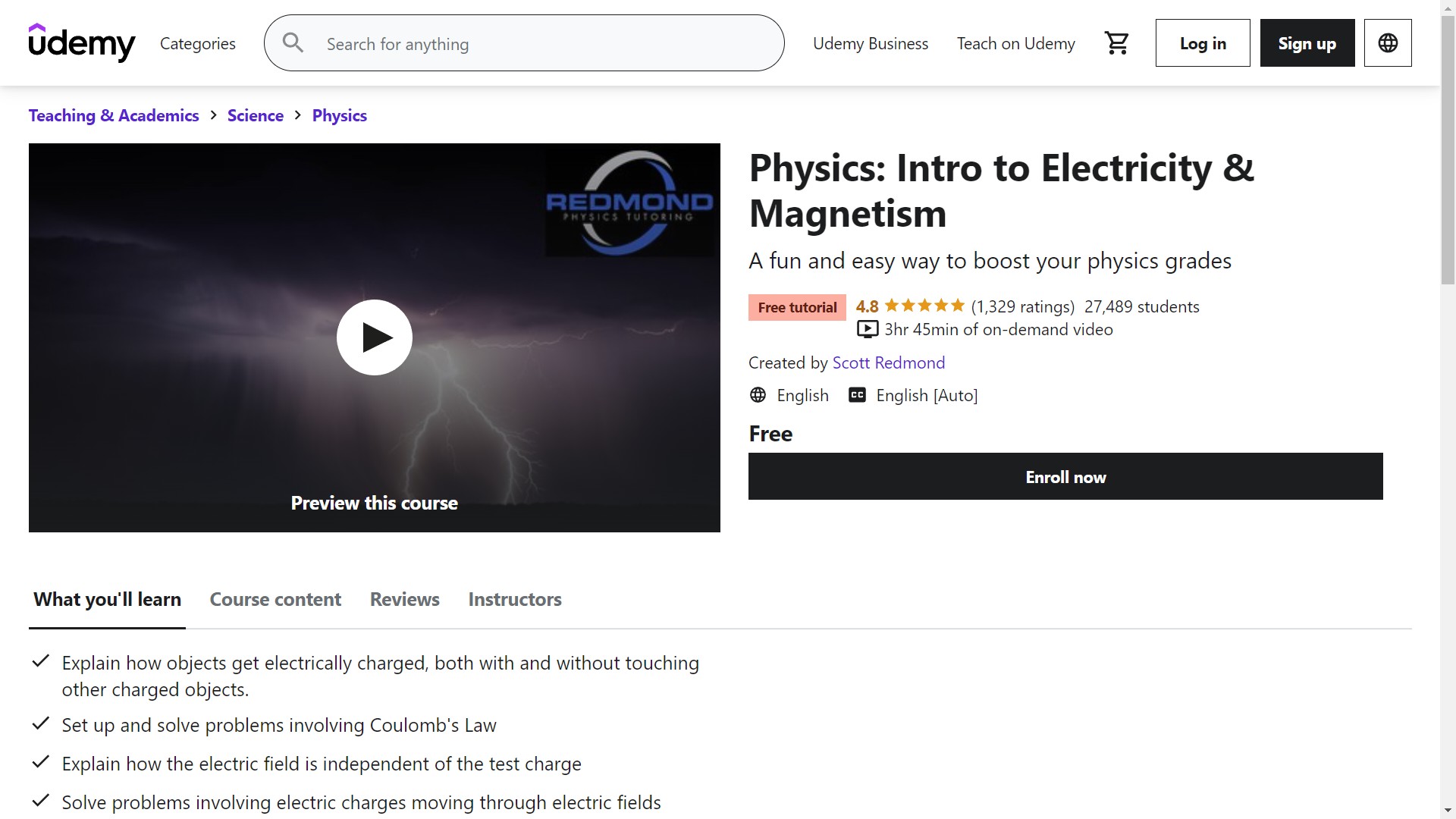 Physics Intro to Electricity and Magnetism. Udemy.