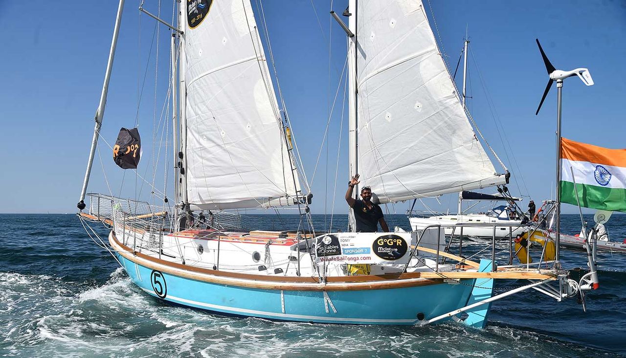 Solo sailor Abhilash Tomy at the start of the 2018 Golden Globe yacht race