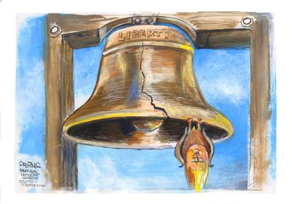 Political Cartoon U.S. Trump Liberty Bell democracy