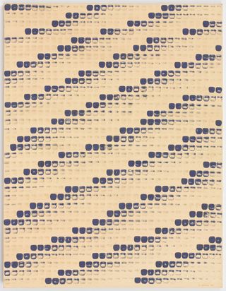 Image of canvas artwork, cream background with blue compact daubs in horizontal lines