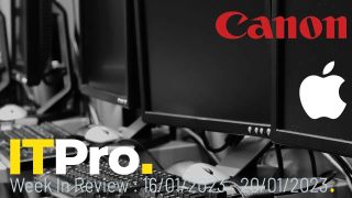 The thumbnail for an ITPro news in review video showing a PC monitor with the Canon and Apple logos overlaid