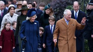 Princess Charlotte of Wales, Catherine, Princess of Wales, Camilla, Queen Consort, Prince George of Wales, King Charles III and Prince William, Prince of Wales attend the Christmas Day service at St Mary Magdalene Church on December 25, 2022