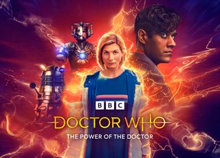 The Doctor Who Centenary Special key art featuring Jodie Whittaker and the Docto's enemies 