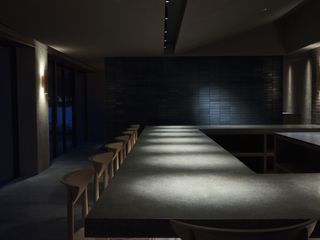 Interior of Japanese restaurant Sower by night, located on Lake Biwa