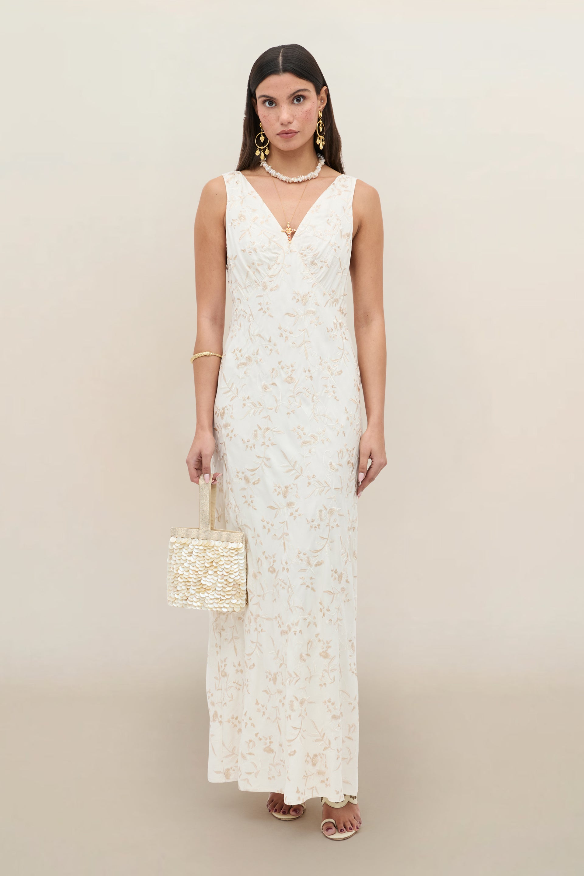 Fawn Embroidered Midi Dress in Ivory Botanical Embroidery Pearl