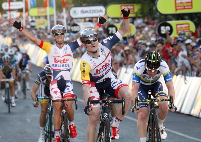 Andre Greipel (Lotto Belisol) wins the People's Choice Classic ahead of Matt Goss (Orica GreenEdge) and Lotto teammate Greg Henderson