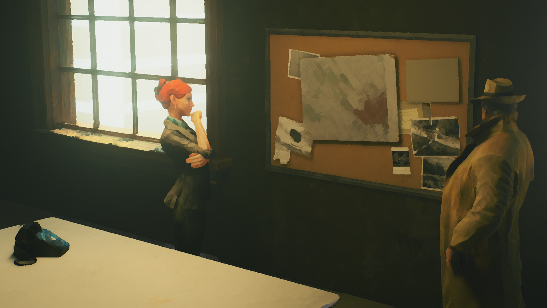 The Eventide character ponders a corkboard