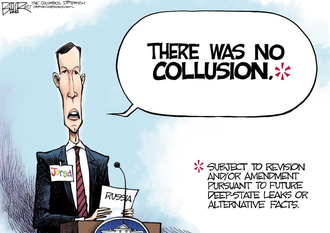 Political cartoon U.S. Russian collusion Jared Kushner alternative facts