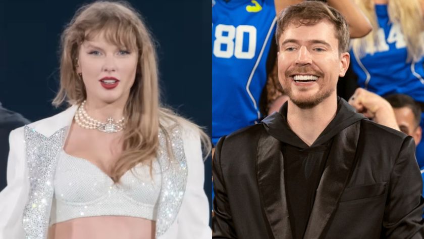 From left to right: A screenshot of Taylor Swift in her "I Can Do It With A Broken Heart" look in the final Eras Tour and a press photo of Mr. Beast in Season 2 of Beast Games. 