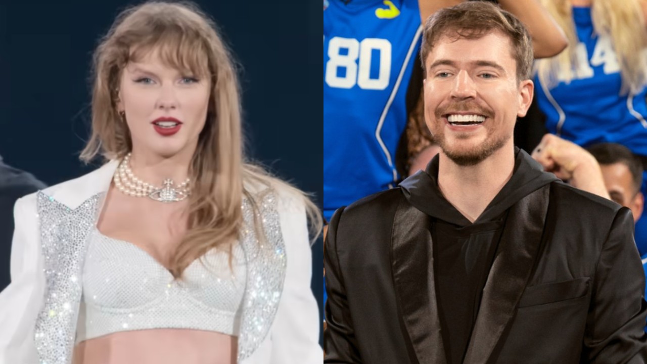 From left to right: A screenshot of Taylor Swift in her "I Can Do It With A Broken Heart" look in the final Eras Tour and a press photo of Mr. Beast in Season 2 of Beast Games. 