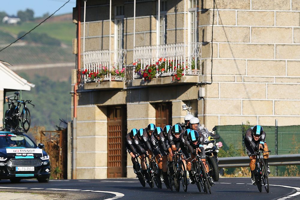 Team Sky on the way to winning the Vuelta's opening stage.