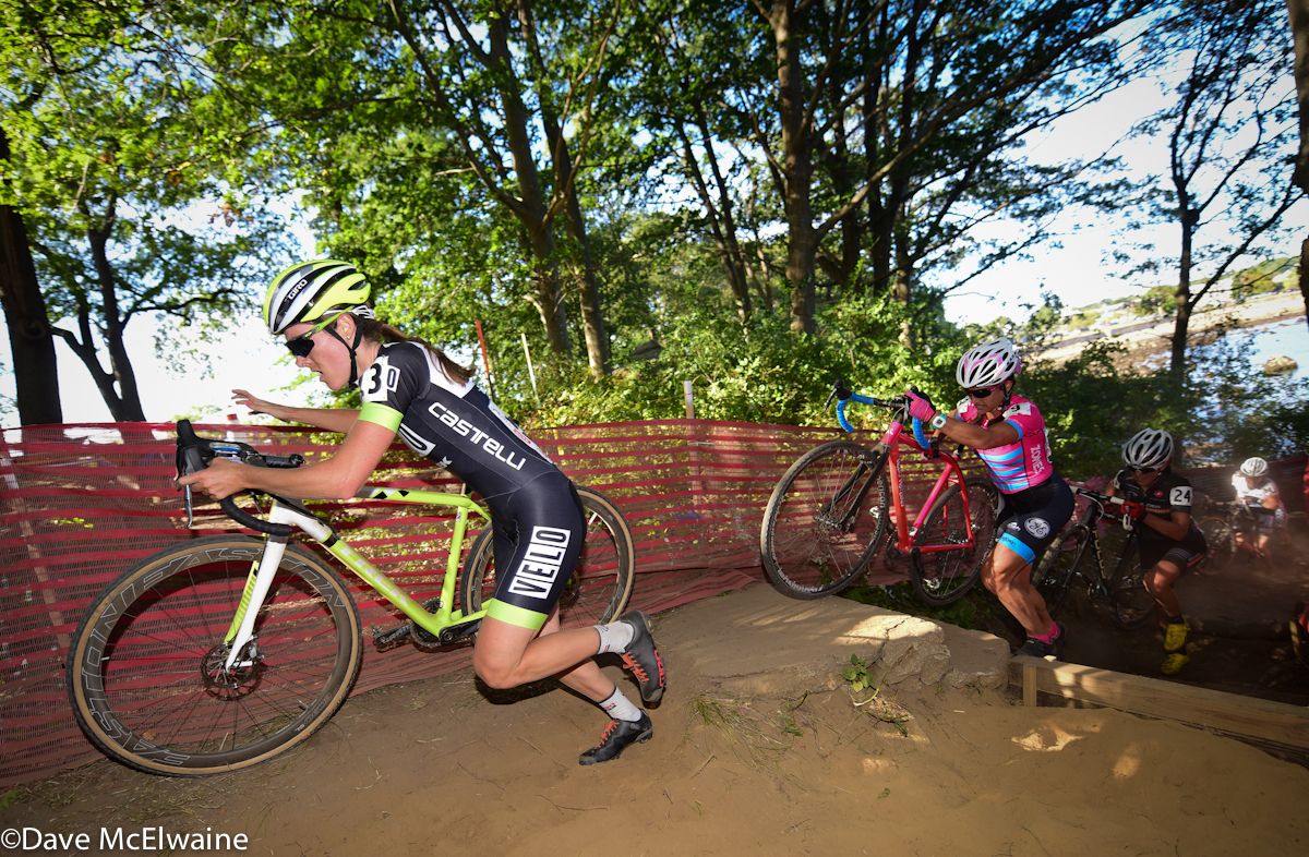Gabby Durrin (Neon Velo Cycling Team) leading Courtenay McFadden with less than two laps remaining