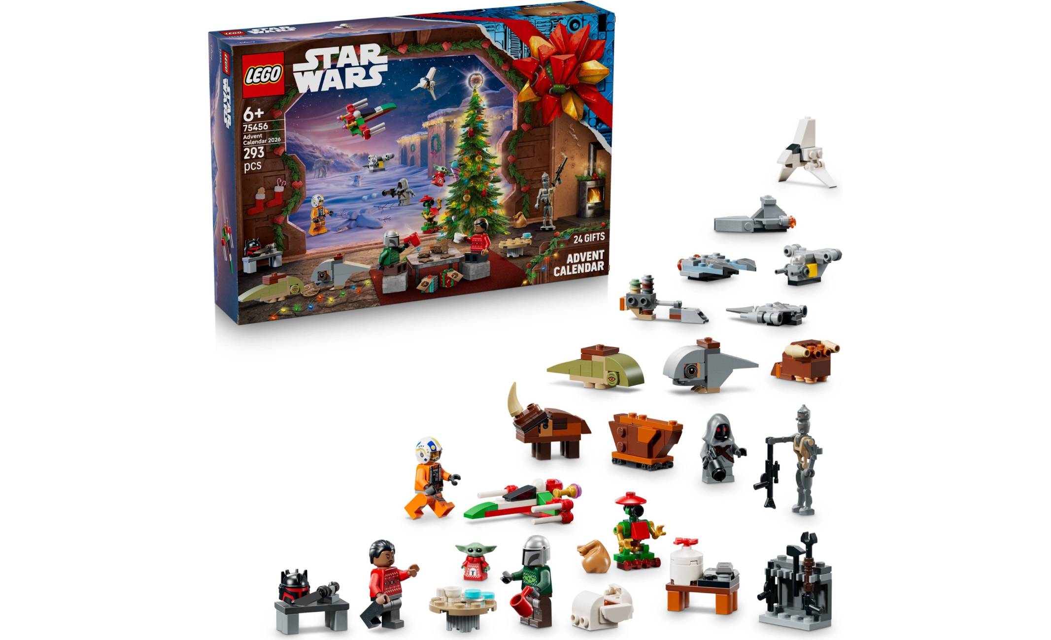 A Lego Star Wars Advent Calendar 2026 75456 with models next to it.