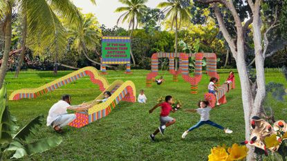Yinka Ilori Foundation graphic, featuring children playing in a field with colourful play equipment