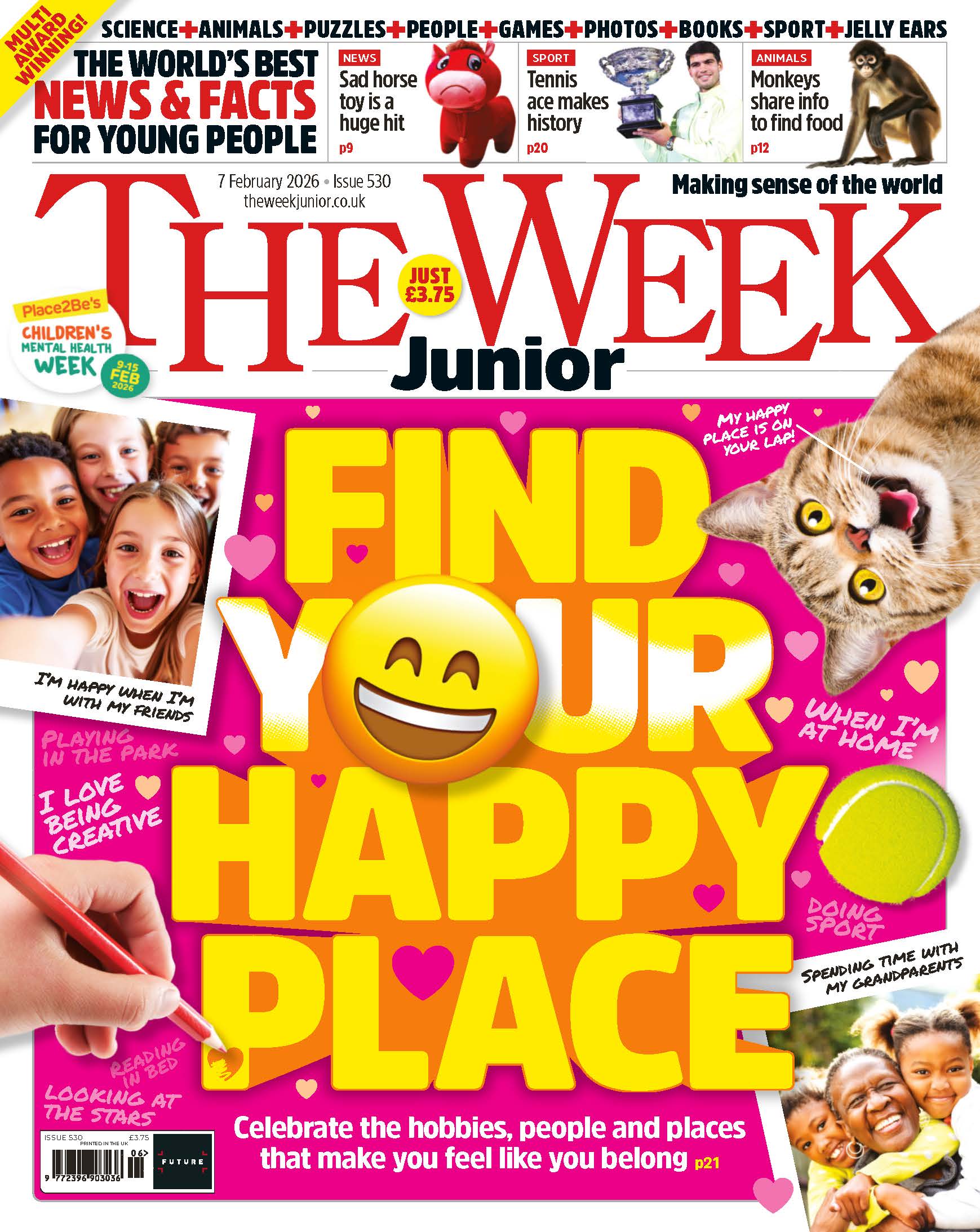Front cover of The Week Junior issue 526 has the headine "Find your happy place" and features examples of people, places and things that make kids feel good.
