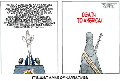 Political cartoon U.S. Barack Obama terrorist narratives