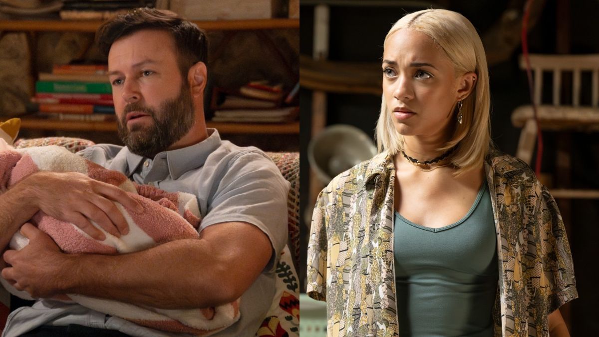 From left to right: Taran Killam holding a baby and Amirah J looking serious. 