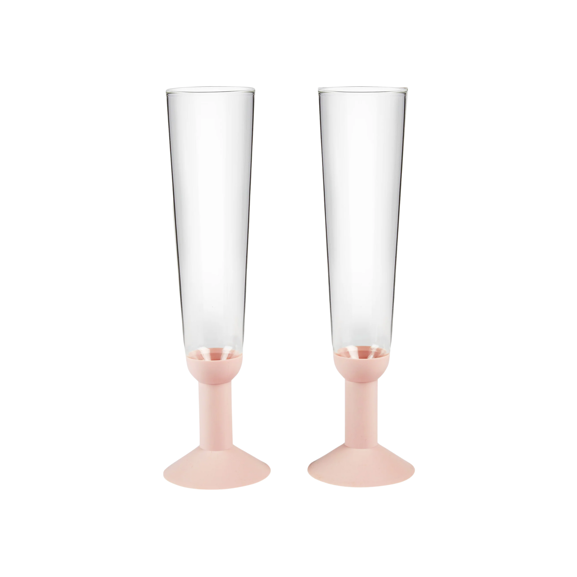 two champagne flutes with light pink bases