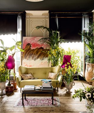 Living room with large house plants and adjoining garden