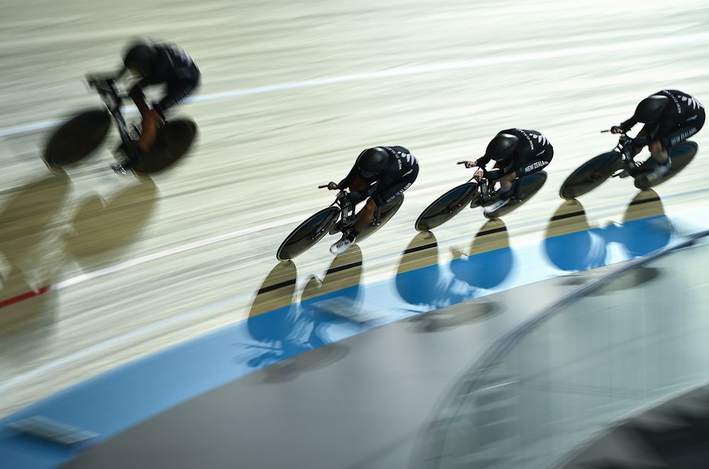 New Zealand's team competes in the Women's Team Pursuit qualifying round during the UCI Track Cycling World Championships in Apeldoorn
