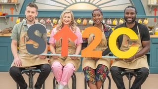 Chris, Rosie, Scarlette and Stuart sitting in a line in the Bake Off tent holding a Stand Up To Cancer sign