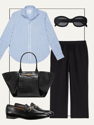 Collage of striped shirt, linen trousers, bag, loafers, sunglasses
