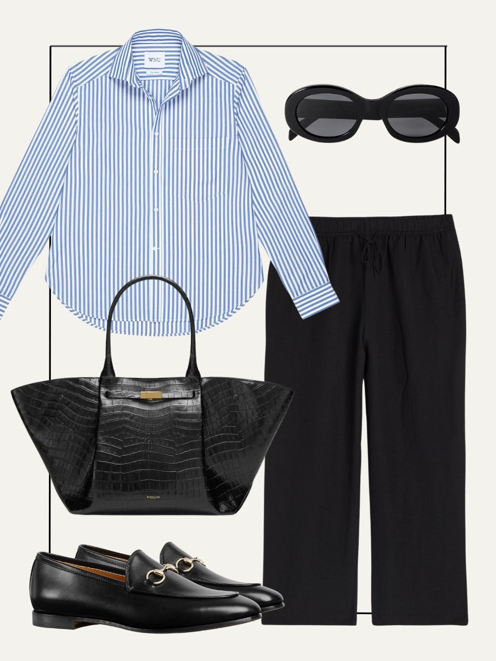 Collage of striped shirt, linen trousers, bag, loafers, sunglasses