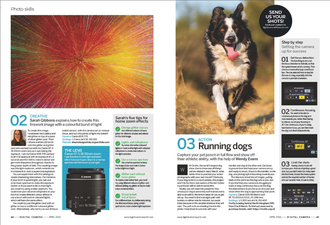 Image showing two projects in the Photo Skills section in issue 305 (April 2026) of Digital Camera magazine, explaining how to shoot a zoom burst photo and photograph running dogs