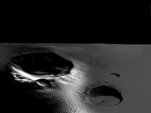 Artist&#039;s concept of water ice trapped in sunshine-shy craters on the moon.