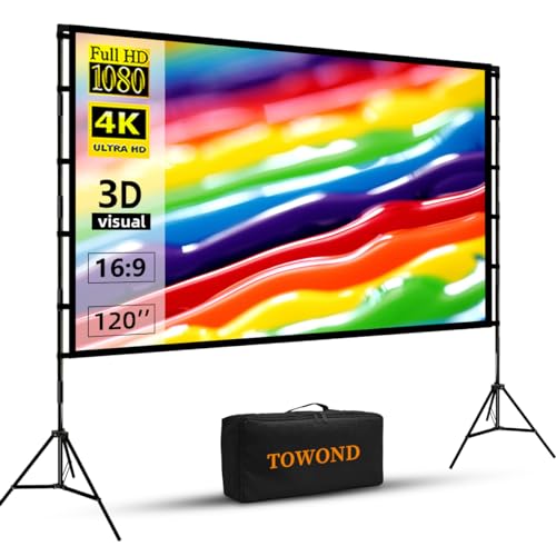 Towond Projector Screen and Stand, 120 Inch Portable Projection Screen Indoor Outdoor Projector Screen 16:9 4k Hd Wrinkle-Free Lightweight Movie Screen With Carry Bag for Backyard Movie Night