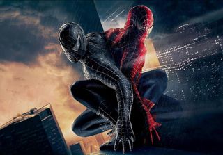 Black suit and red suit Spider-Man in reflection in Spider-Man 3