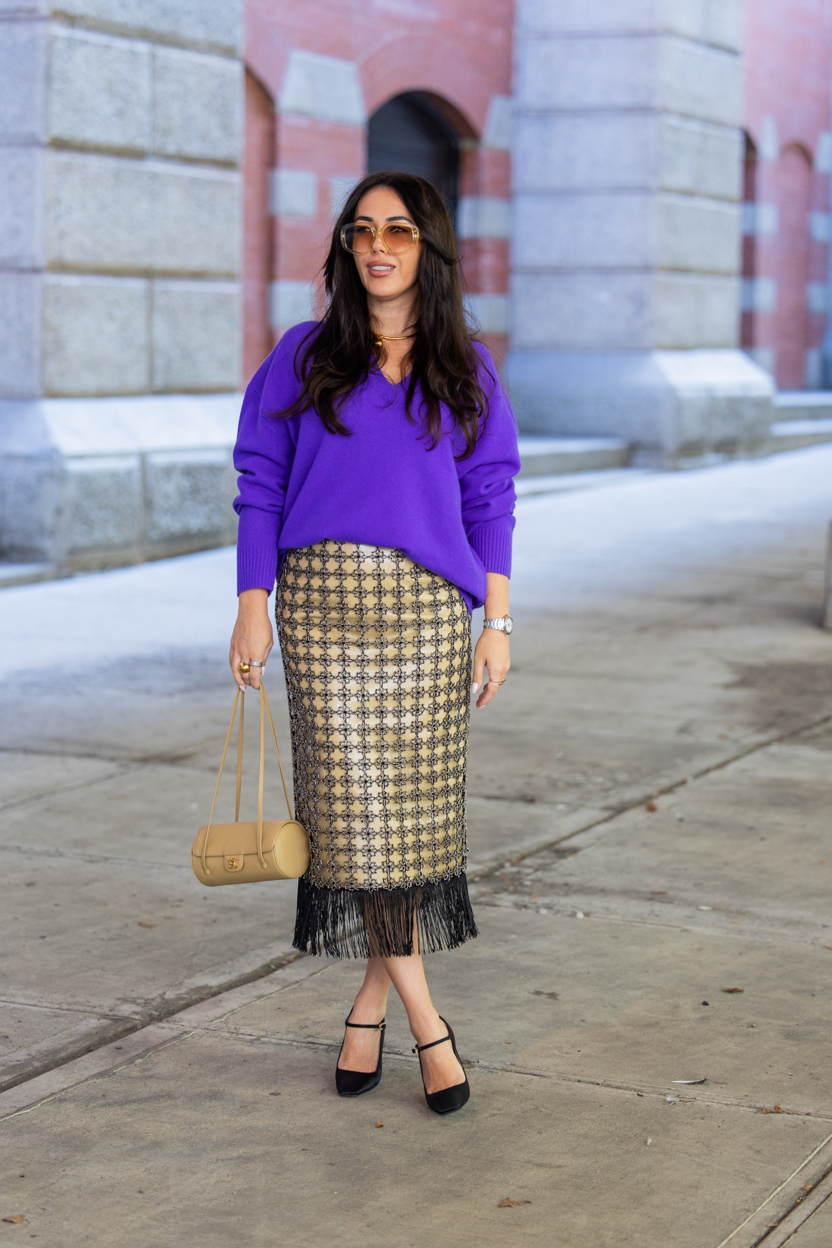 A guest wore the statement skirt trend at New York Fashion Week 2026