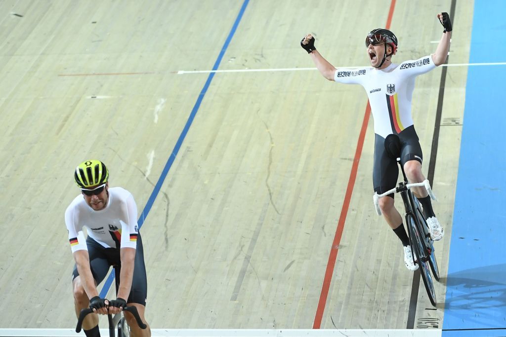 Theo Reinhardt celebrates Germany's Madison world title