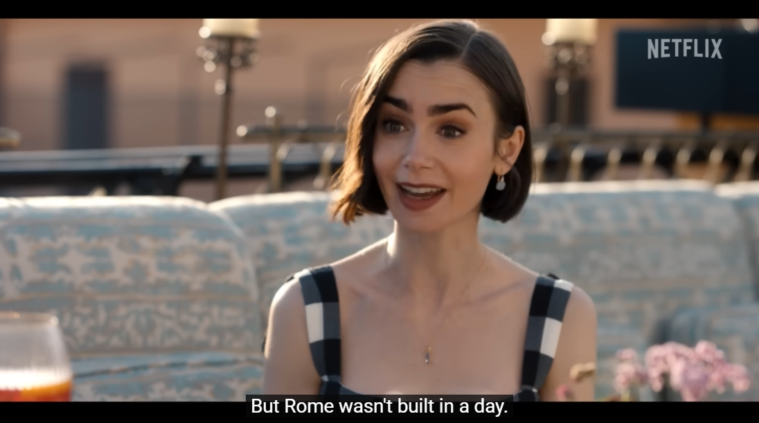 Two stills from a scene set on a sun-filled rooftop with beautifully dressed people enjoying an afternoon drink.