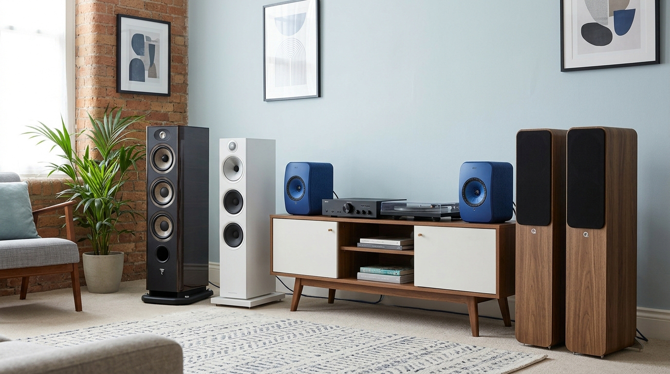 AI-generated image showing four different apirs fo stereo speakers in a living room next to a hi-fi system