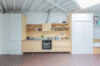 triangle house and its open space, large windows and courtyard with planting all designed by brown urbanism