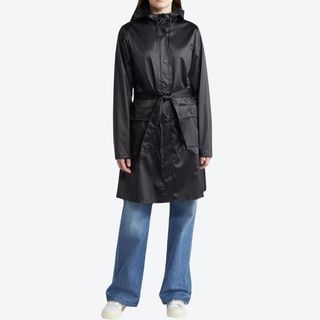 Rains Curve Waterproof Belted Jacket on model 