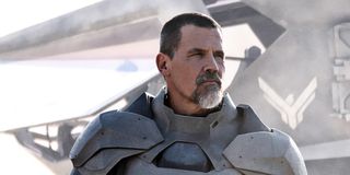 Josh Brolin as Gurney looking stoic after emerging from an airship in Dune