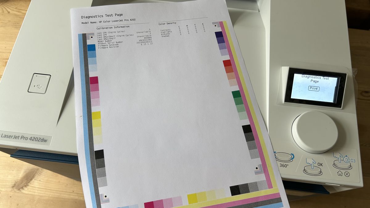 The HP Color LaserJet Pro 4201dw laser printer during our tests in a home office