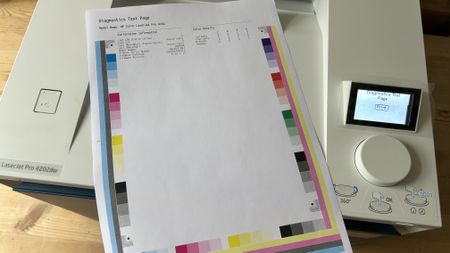 The HP Color LaserJet Pro 4201dw laser printer during our tests in a home office