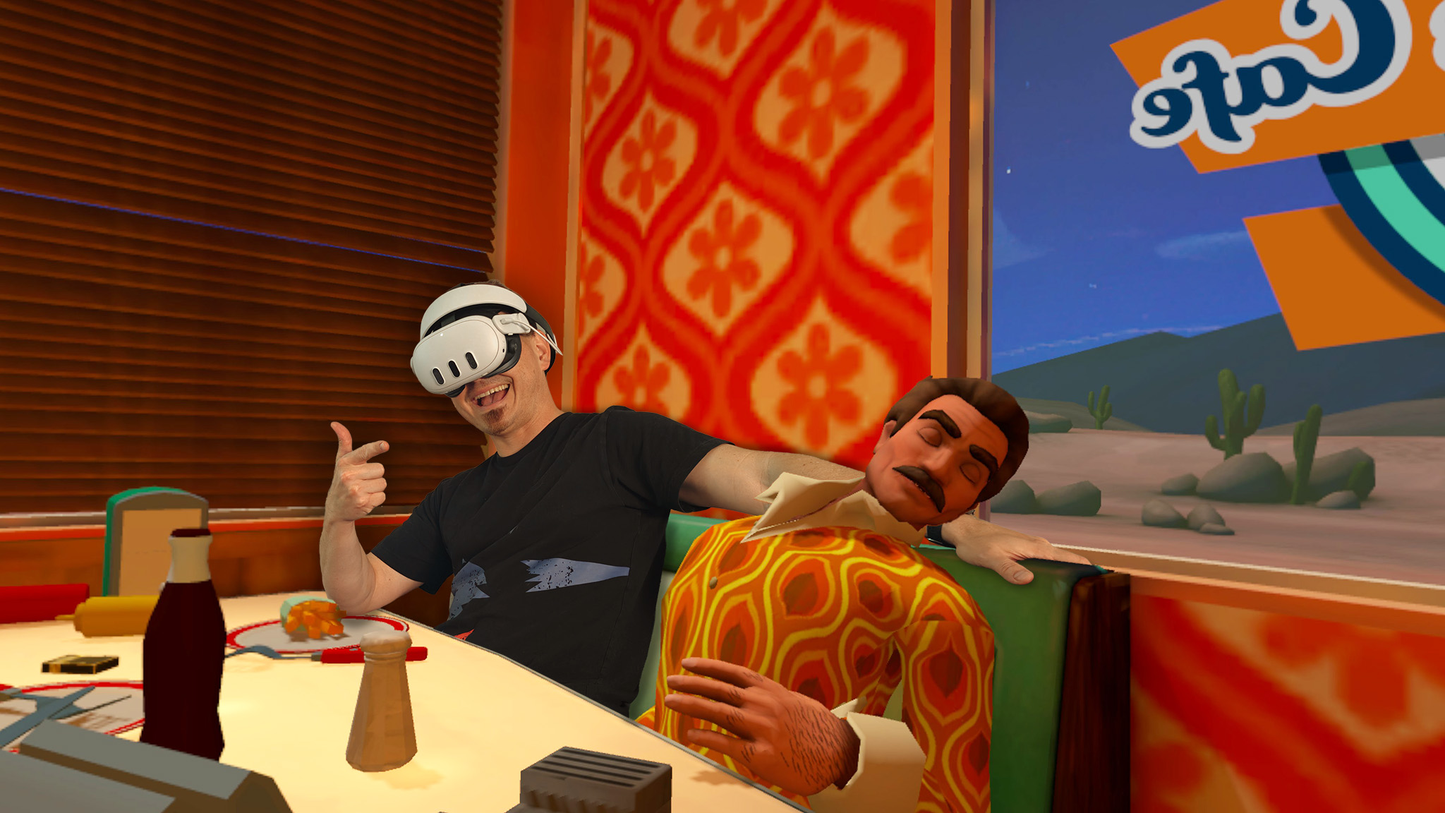 Sitting in a diner's booth wearing a Meta Quest 3 headset in the game Hide the Corpse